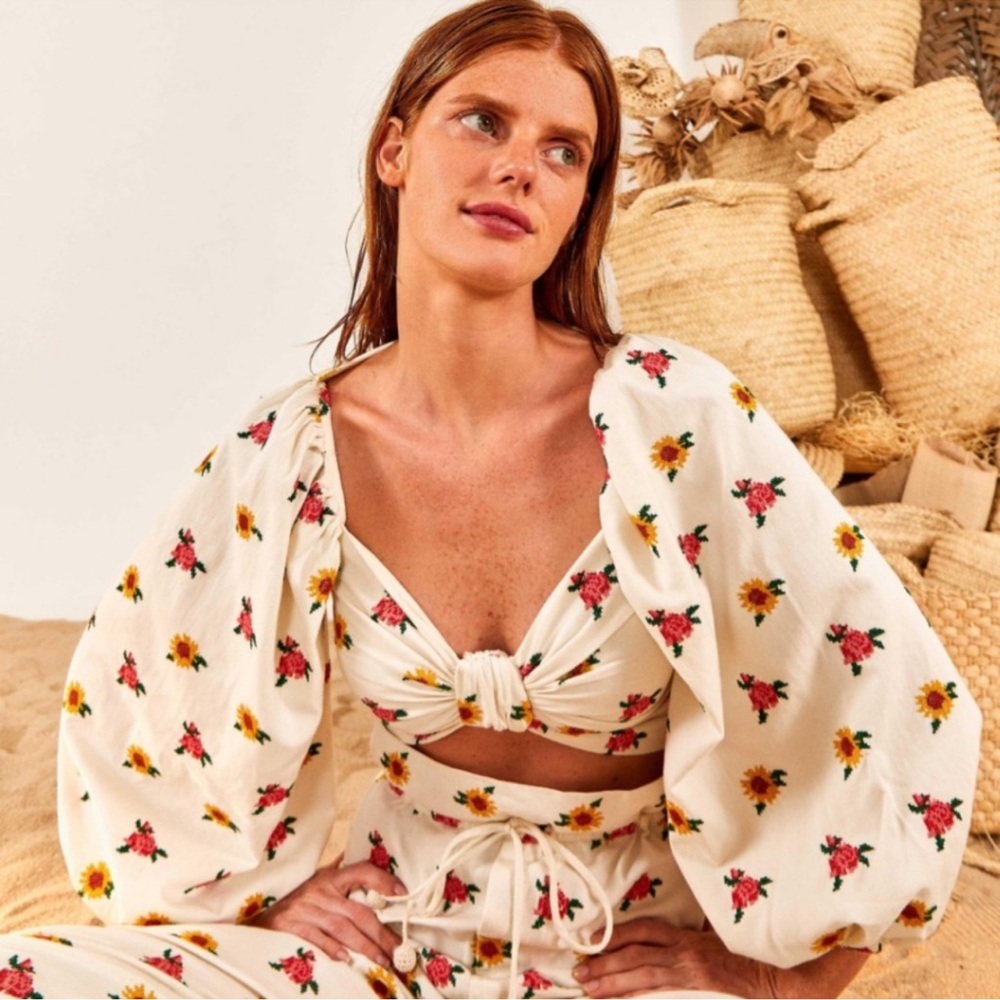 FARM Rio Mixed Cross Stitch Flowers Embroidered Crop Top NWT